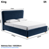 [King | Blue] plush velvet ottoman storage bed Size guide: 173W x 215L x 120H cm; mattress 150 x 200cm; footboard 37cm