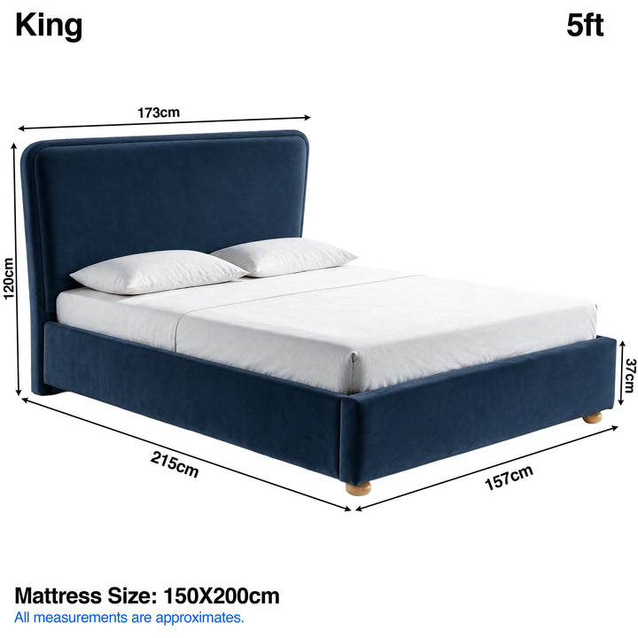 [King | Blue] plush velvet ottoman storage bed Size guide: 173W x 215L x 120H cm; mattress 150 x 200cm; footboard 37cm