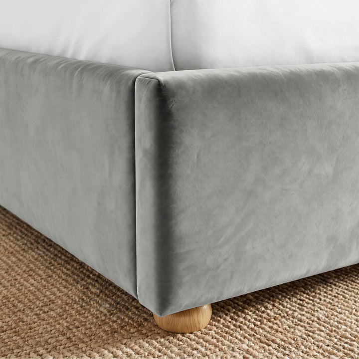 [King | Light Grey] Close-up showing plush velvet footboard, side rail and raised wooden foot