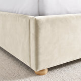 [King | Beige] Close-up showing plush velvet footboard, side rail and raised wooden foot