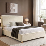 [King | Beige] Plush velvet ottoman bed with 120cm extra thick sandwich headboard and raised legs in a bedroom