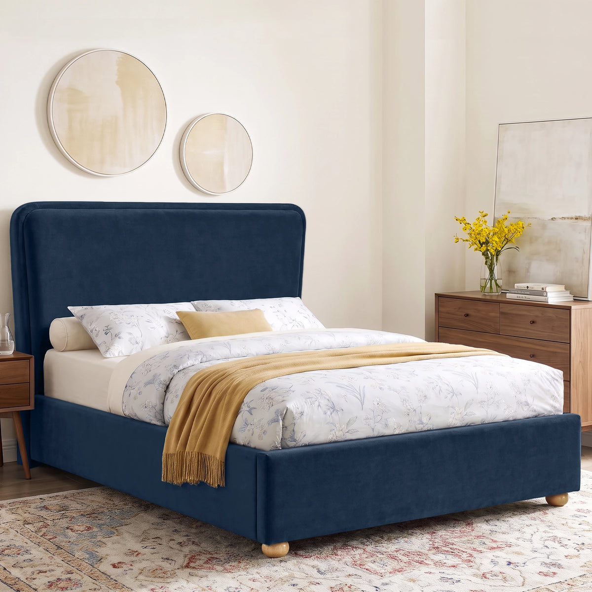 [King | Blue] Plush velvet ottoman bed with 120cm extra thick sandwich headboard and raised legs in a bedroom