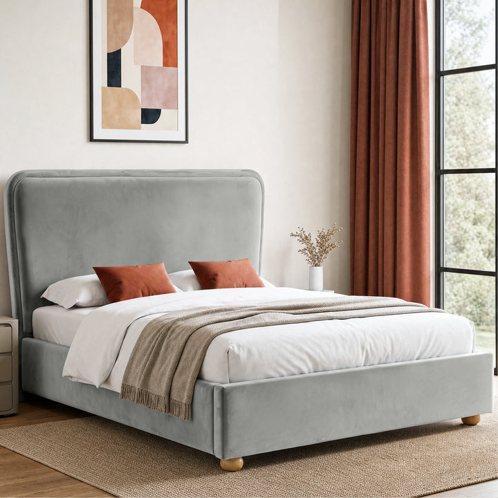[King | Light Grey] Plush velvet ottoman bed with 120cm extra thick sandwich headboard and raised legs in a bedroom