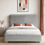 [King | Light Grey] Front view of plush velvet ottoman bed with wide 120cm padded headboard, with wooden legs on footboard