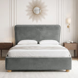 [King | grey] Front view of plush velvet ottoman bed with wide 120cm padded headboard, with wooden legs on footboard