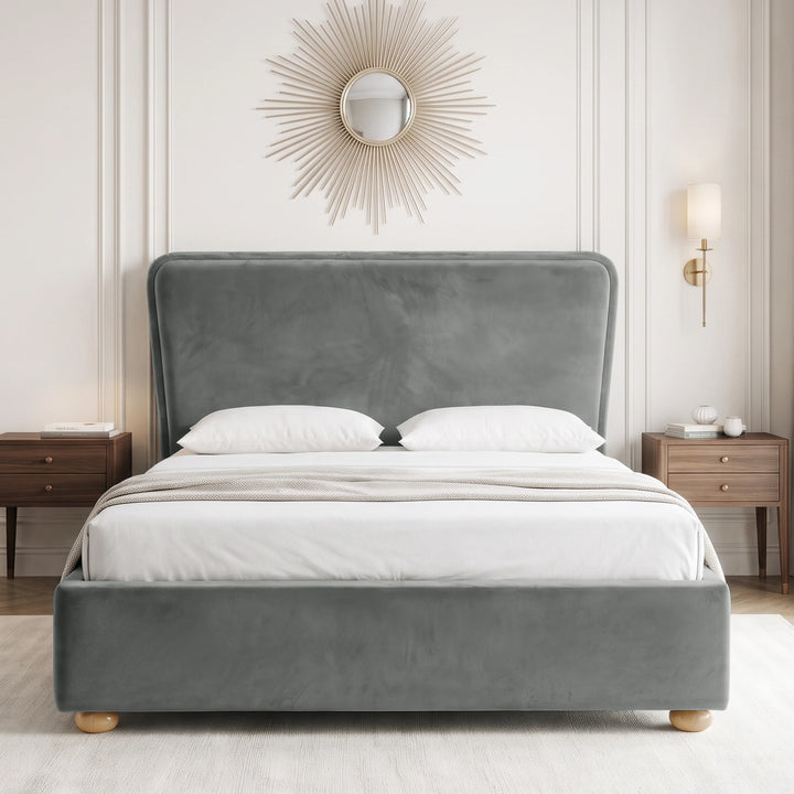 [King | grey] Front view of plush velvet ottoman bed with wide 120cm padded headboard, with wooden legs on footboard