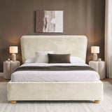 [King | Beige] Front view of plush velvet ottoman bed with wide 120cm padded headboard, with wooden legs on footboard