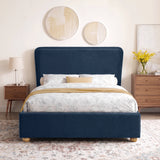 [King | Blue] Front view of plush velvet ottoman bed with wide 120cm padded headboard, with wooden legs on footboard