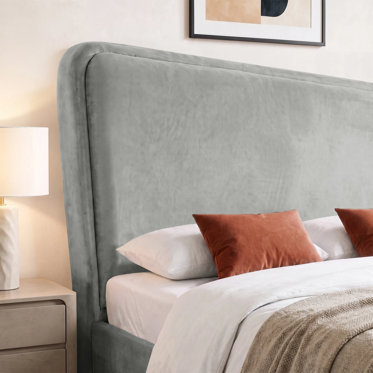 [King | Light Grey] Closeup of 10cm thick sandwich headboard with a section of 6cm thick padding upholstered with soft velvet