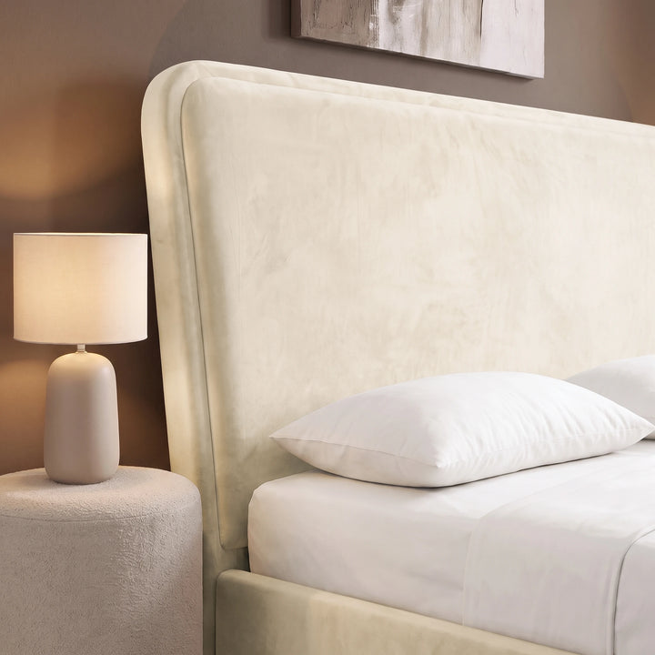 [King | Beige] Closeup of 10cm thick sandwich headboard with a section of 6cm thick padding upholstered with soft velvet