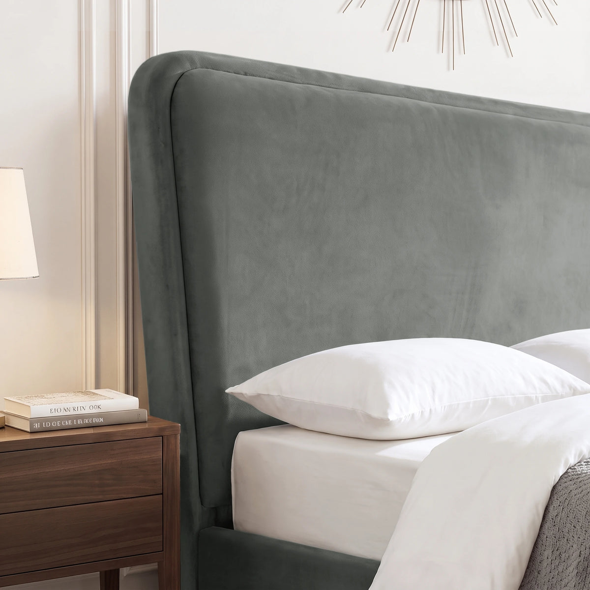 [King | grey] Closeup of 10cm thick sandwich headboard with a section of 6cm thick padding upholstered with soft velvet