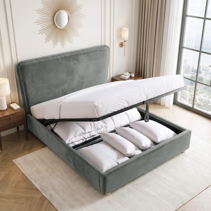 [King | grey] Plush velvet Ottoman storage bed open showing gas-lift pistons, wooden slats, pull strap and storage bay