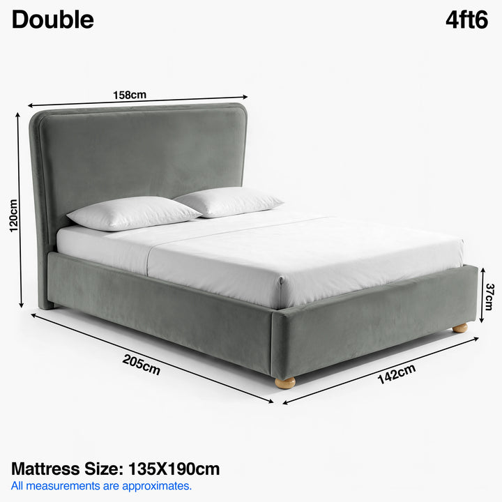 [Double | Grey] plush velvet ottoman storage bed Size guide: 158W x 205L x 120H cm; mattress 130 x 190cm; footboard 37cm