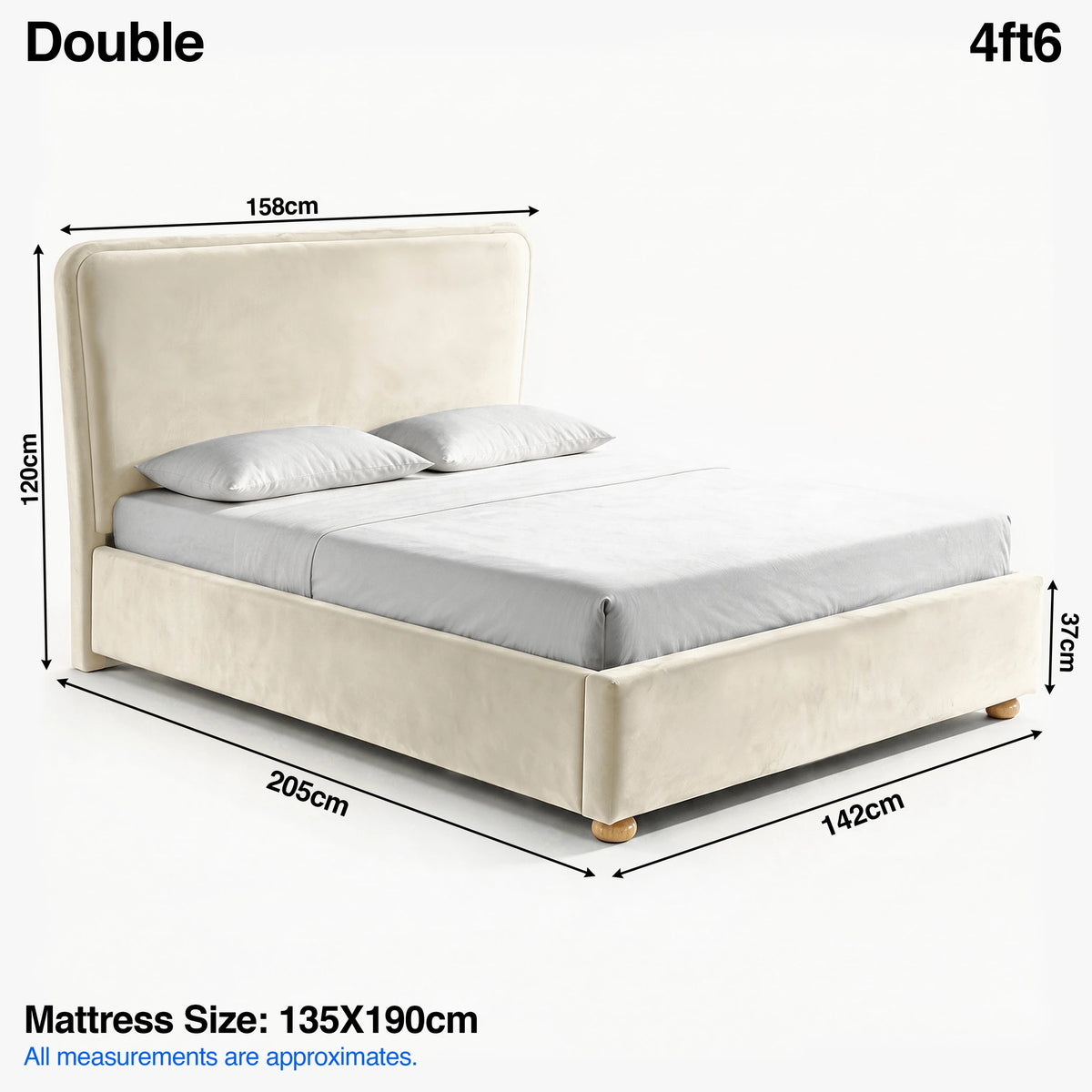 [Double | Beige] plush velvet ottoman storage bed Size guide: 158W x 205L x 120H cm; mattress 130 x 190cm; footboard 37cm