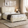 [Double | Beige] Plush velvet ottoman bed with 120cm extra thick sandwich headboard and raised legs in a bedroom