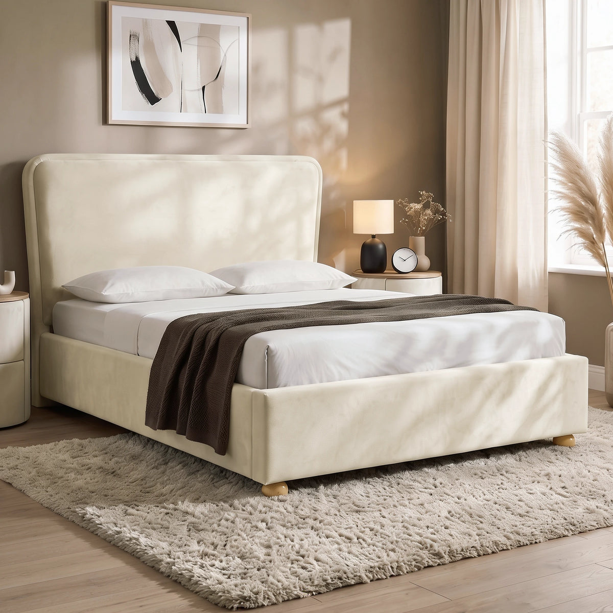 [Double | Beige] Plush velvet ottoman bed with 120cm extra thick sandwich headboard and raised legs in a bedroom