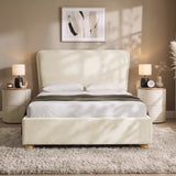 [Double | Beige] Front view of plush velvet ottoman bed with wide 120cm padded headboard, with wooden legs on footboard
