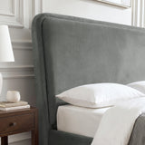 [Double | Grey] Closeup of 10cm thick sandwich headboard with a section of 6cm thick padding upholstered with soft velvet