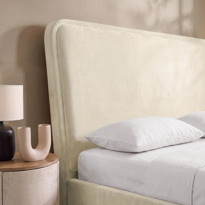 [Double | Beige] Closeup of 10cm thick sandwich headboard with a section of 6cm thick padding upholstered with soft velvet