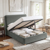 [Double | Grey] Plush velvet Ottoman storage bed open showing gas-lift pistons, wooden slats, pull strap and storage bay