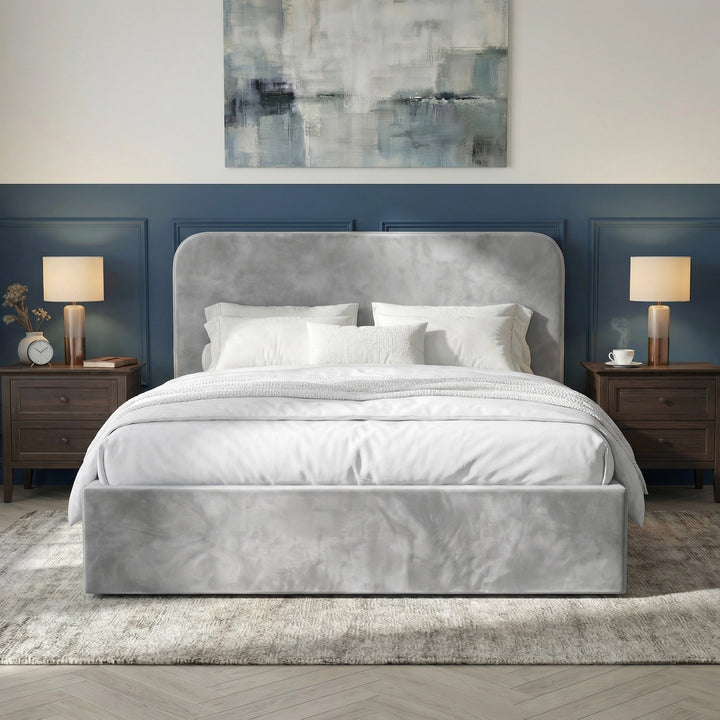[Light Grey | Small Double] Pluva velvet ottoman bed front view, twin bedside lamps