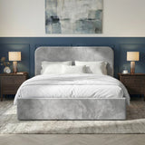 [Light Grey | Small Double] Pluva velvet ottoman bed front view, twin bedside lamps