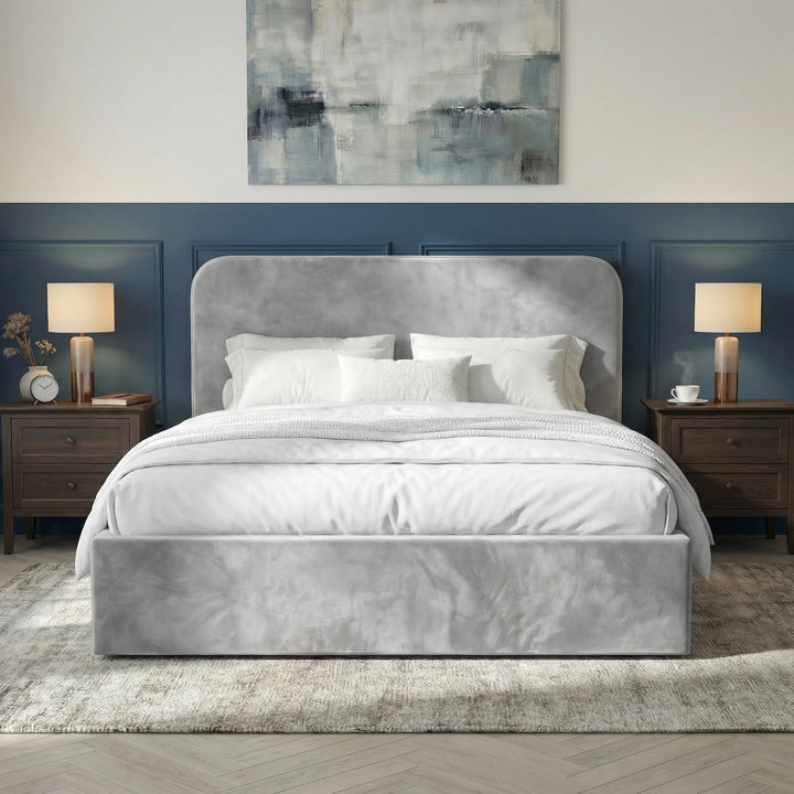 [Light Grey | Small Double] Pluva velvet ottoman bed front view, twin bedside lamps