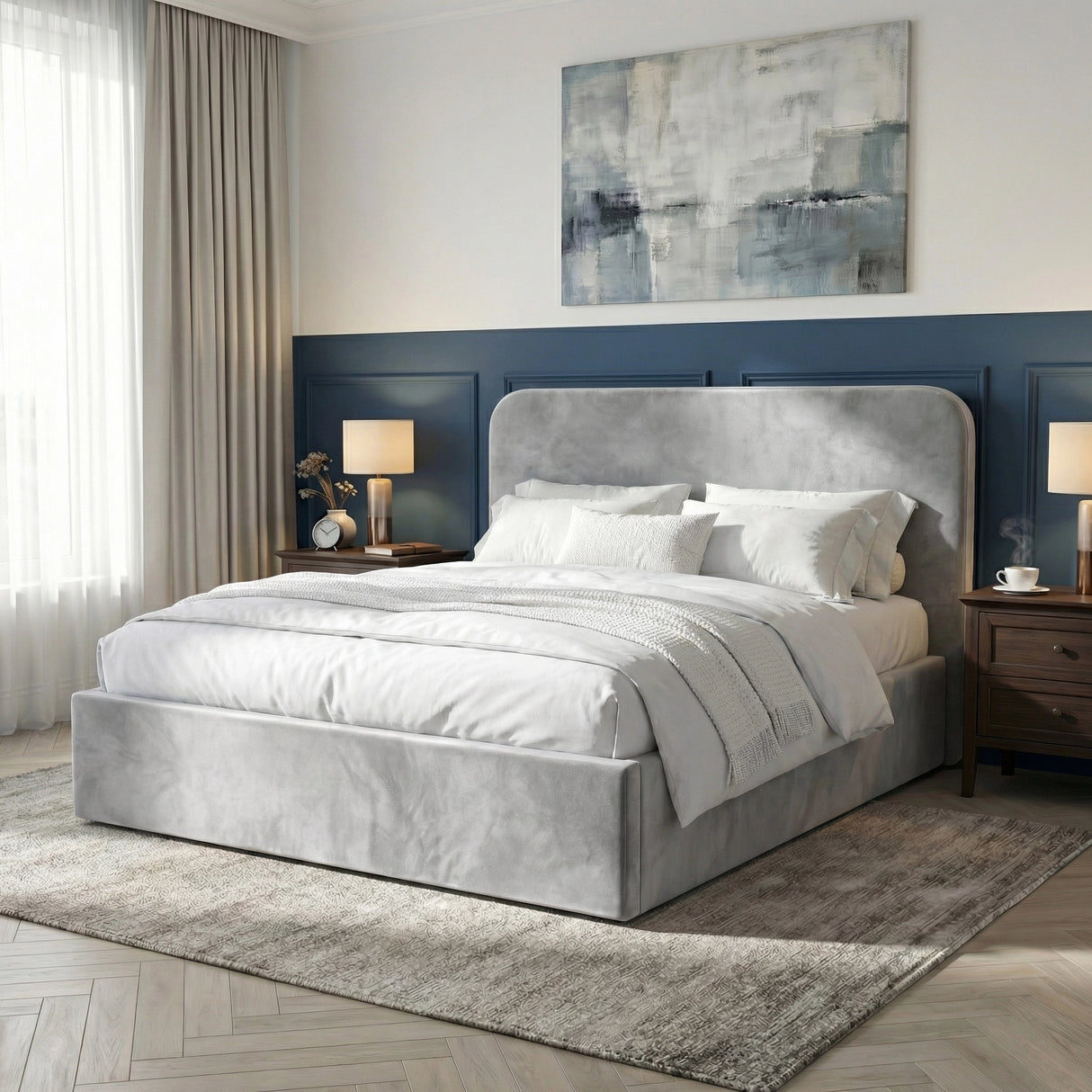 [Light Grey] Pluva velvet ottoman bed angled view showing full headboard height and frame profile in a bedroom