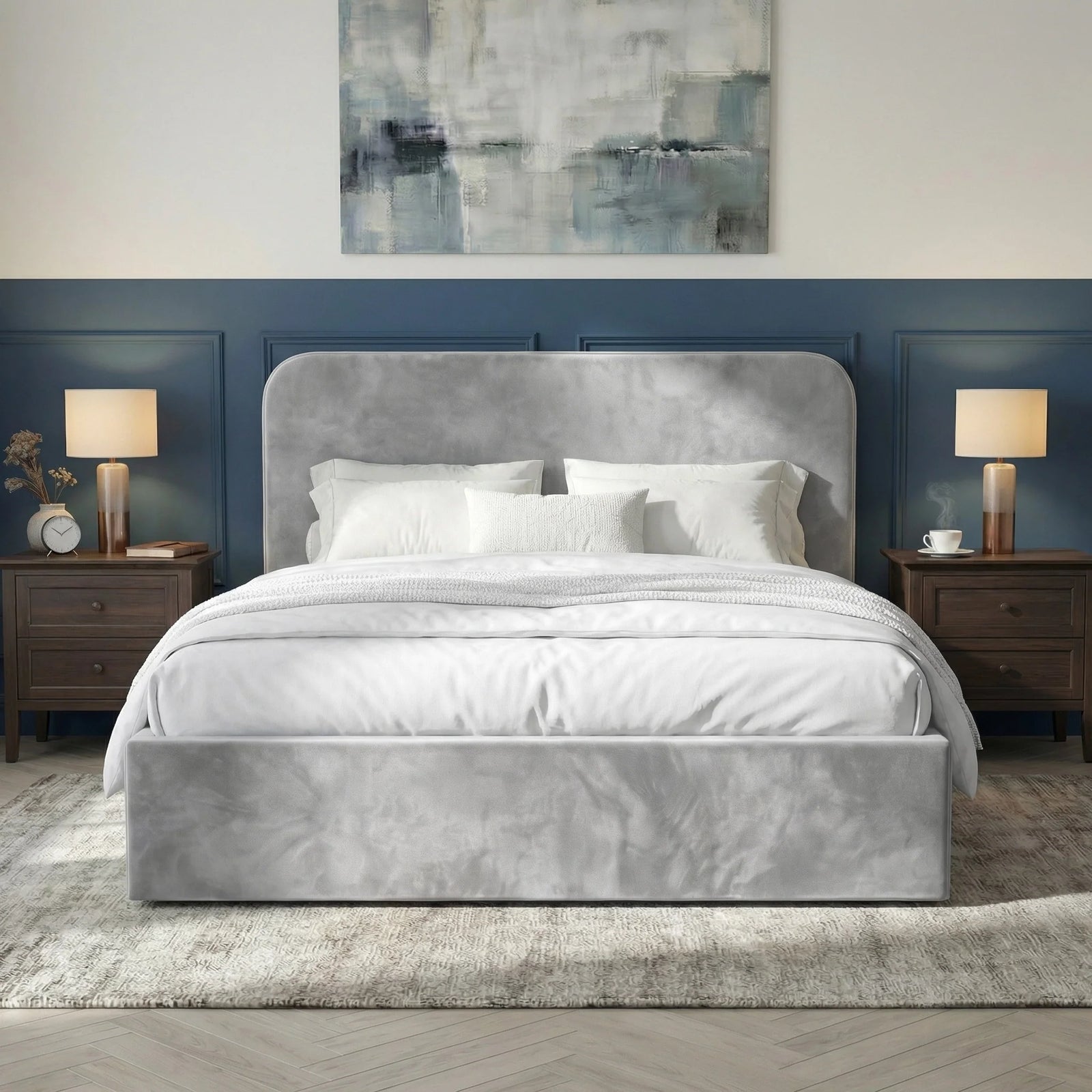 [Light Grey | King] Front-on Pluva ottoman bed in styled bedroom, navy panelled wall and grey abstract art above