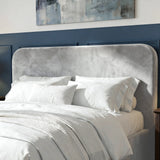 [Light Grey | Small Double] Pluva velvet bed headboard top close-up, white pillows below
