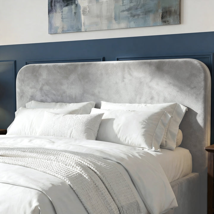 [Light Grey | Small Double] Pluva velvet bed headboard top close-up, white pillows below