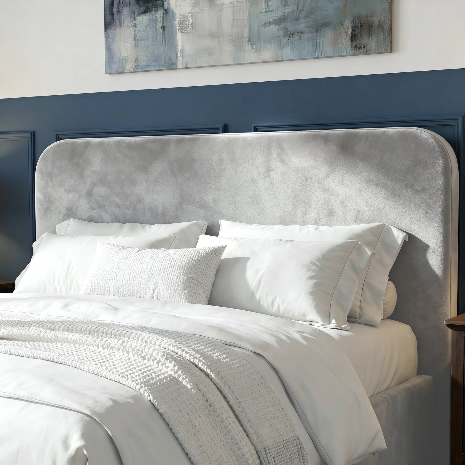 [Light Grey | Small Double] Pluva velvet bed headboard top close-up, white pillows below
