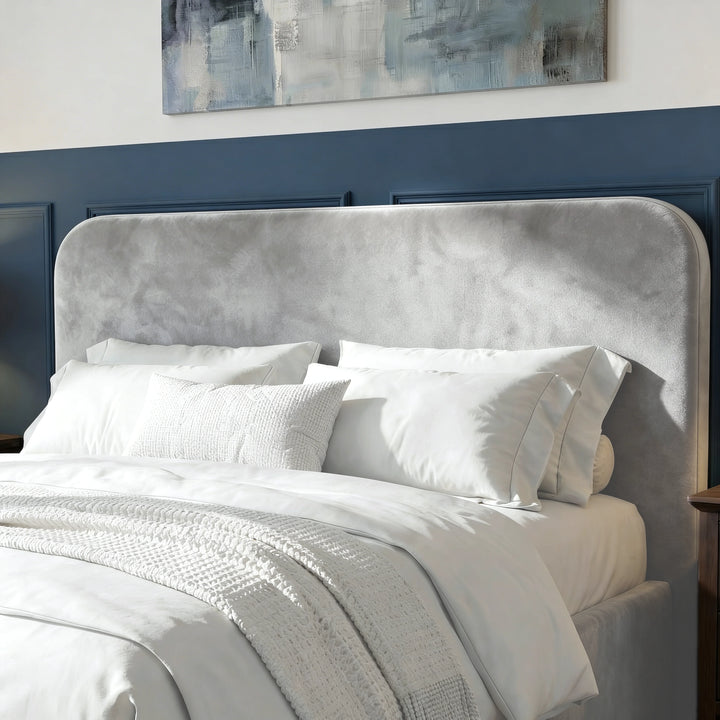 [Light Grey | Small Double] Pluva velvet bed headboard top close-up, white pillows below
