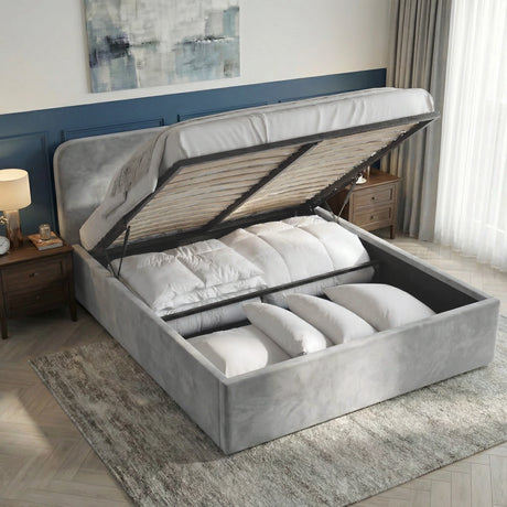[Light Grey] Pluva velvet ottoman bed with base fully lifted open showing large internal storage compartment inside