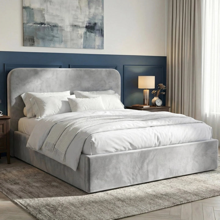 [Light Grey | Small Double] Pluva velvet ottoman bed side angle, navy panel wall, twin lamps