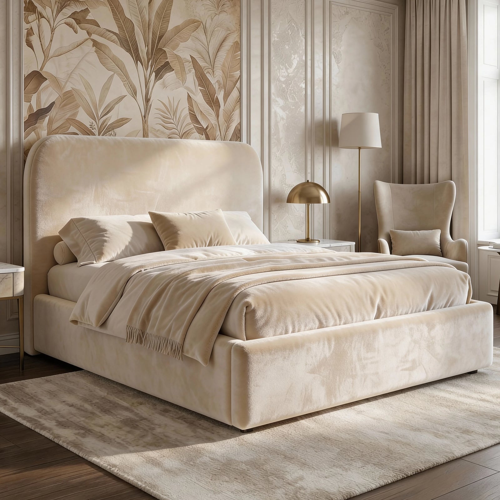 [Double | Beige] Pluva velvet ottoman bed with curved headboard bedroom with nightstands and decorative accents