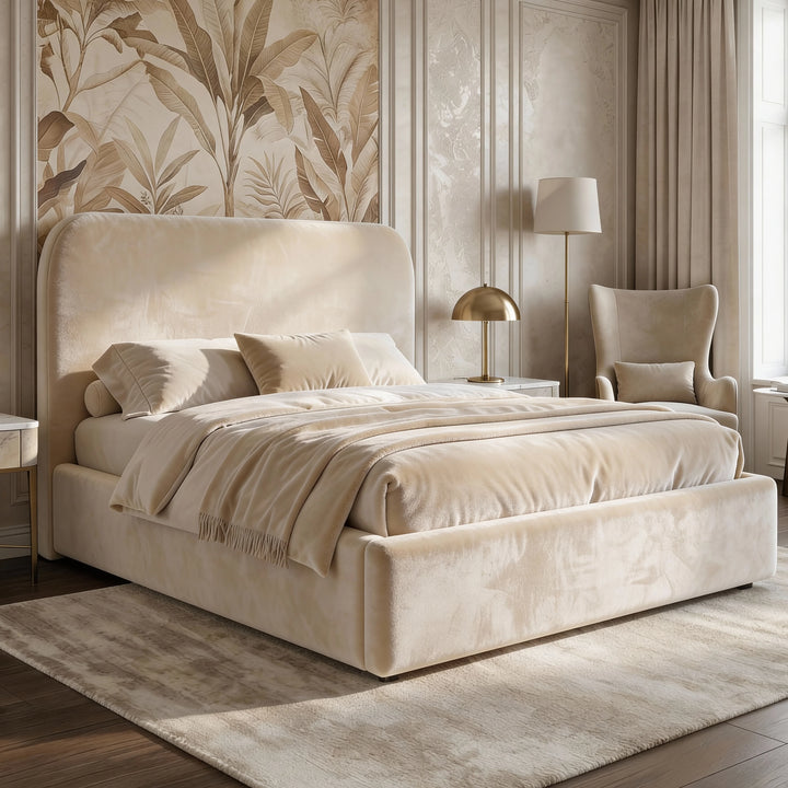 [Double | Beige] Pluva velvet ottoman bed with curved headboard bedroom with nightstands and decorative accents