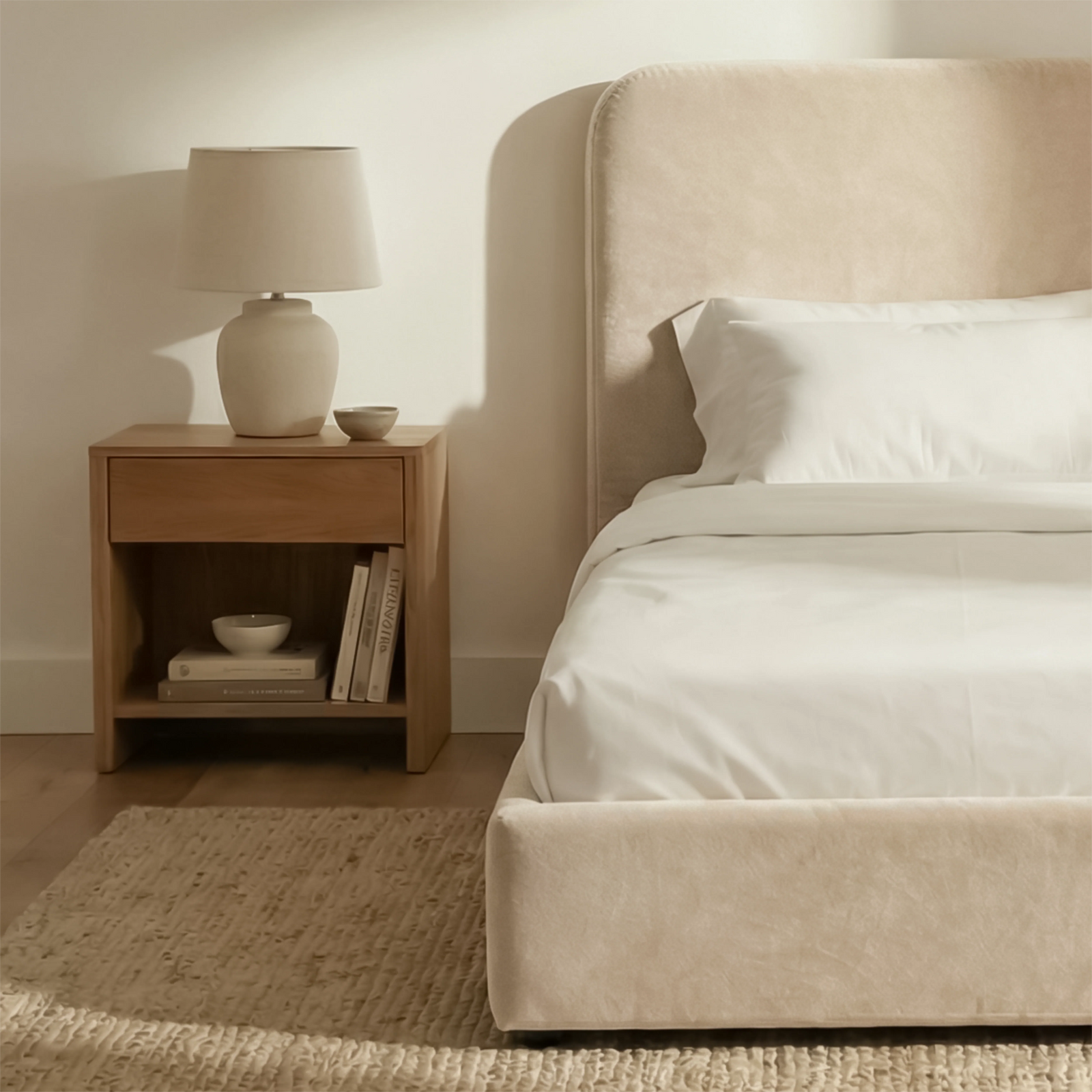 [Single | Beige] Side angle of Pluva ottoman bed showing curved headboard profile and clean velvet base beside nightstand