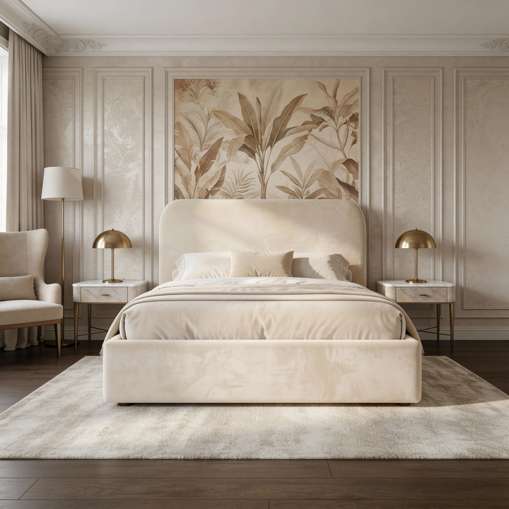 [Small Double | Beige] Head-on bedroom view of velvet bed with smooth rounded headboard flanked by matching lamp and decor