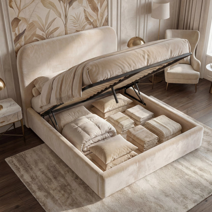 [Small Double | Beige] Mattress lifted on hydraulic struts showing full-depth storage compartment with neatly organised