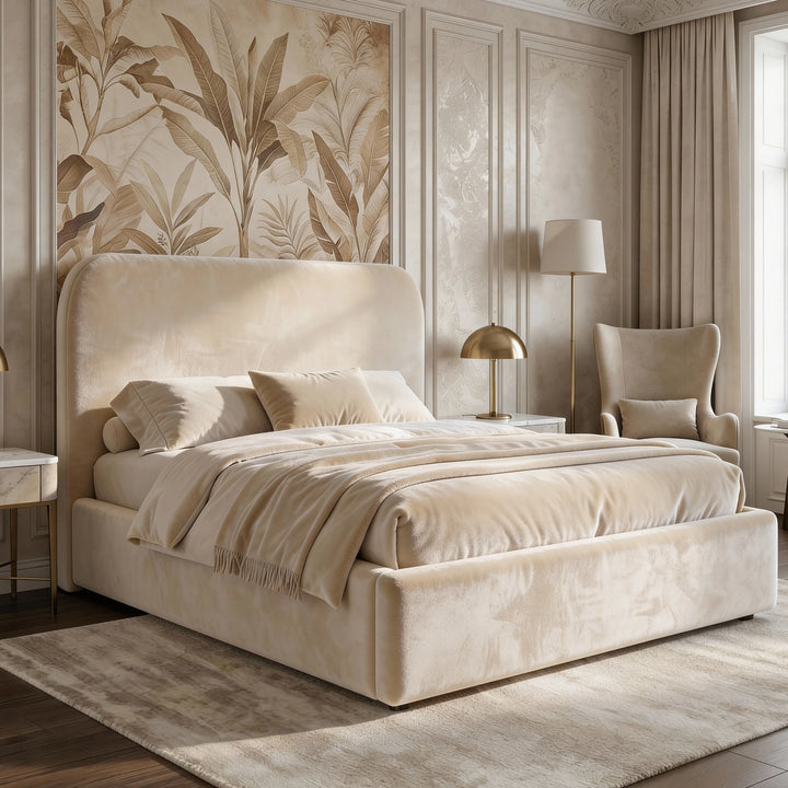 [Small Double | Beige] Pluva ottoman storage bed with padded rounded headboard and plush velvet frame in contemporary room