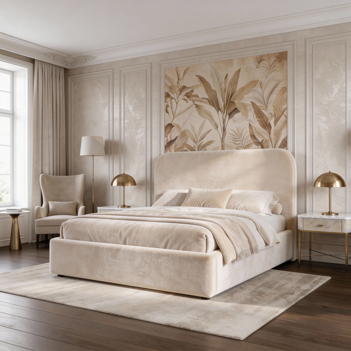 [Small Double | Beige] Wide lifestyle view of Pluva ottoman bed showing full room styling with nightstands and wall decor