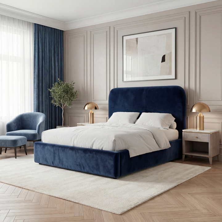 [Double | Blue] Styled bedroom with Pluva blue velvet bed paired lamps olive tree and armchair on herringbone floor