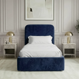 [Single | Blue] Symmetrical front-on view of Pluva velvet bed with rounded headboard and art centred above