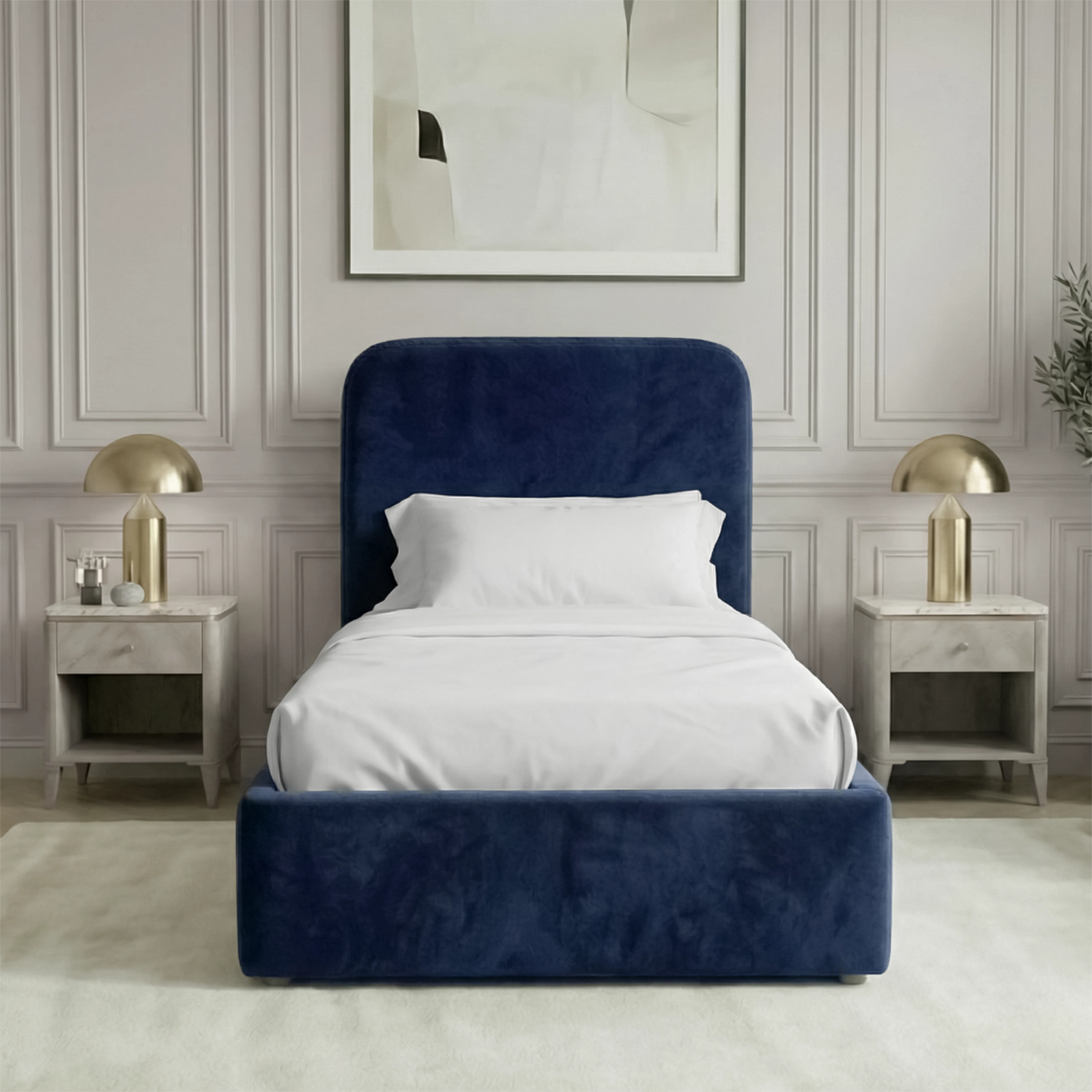 [Single | Blue] Symmetrical front-on view of Pluva velvet bed with rounded headboard and art centred above