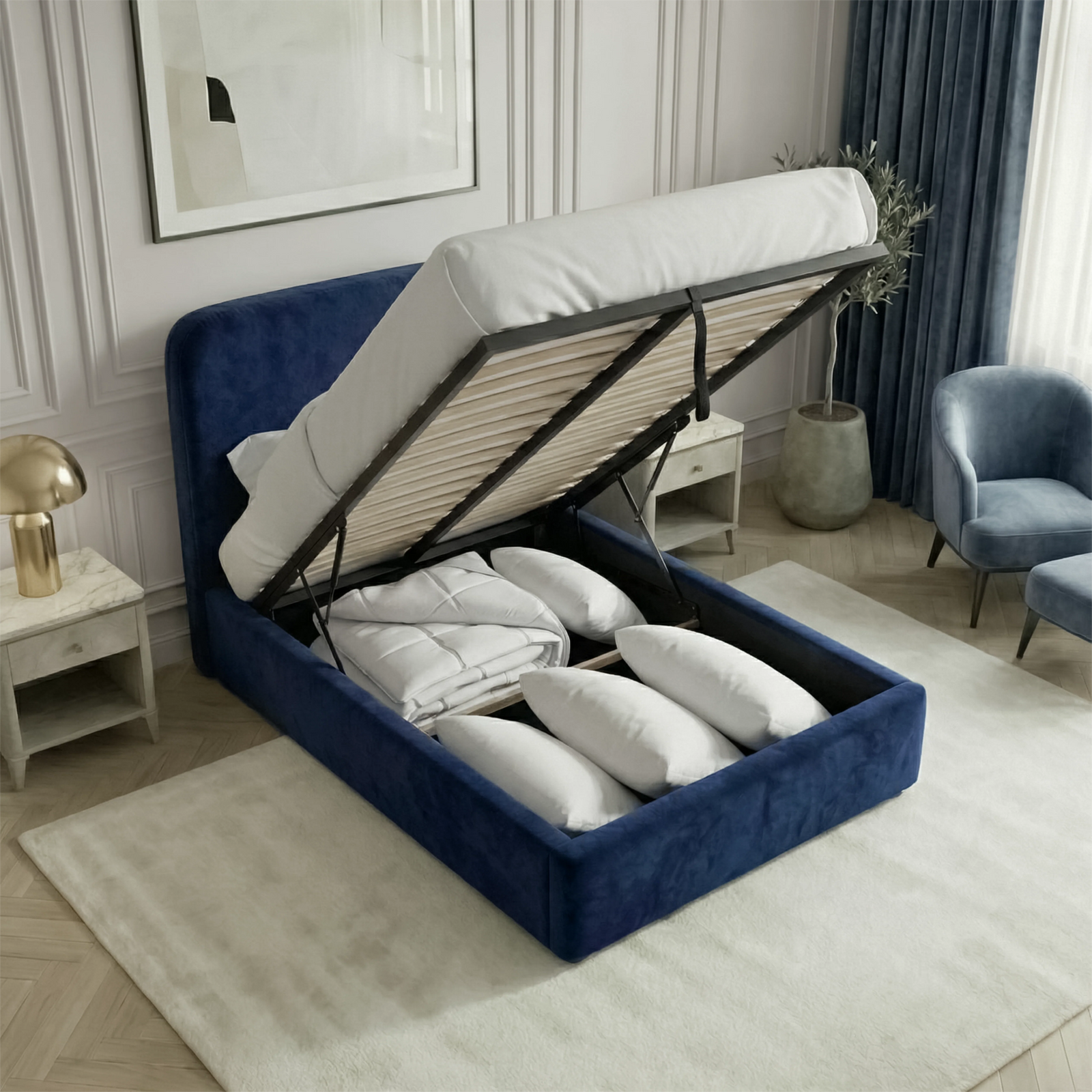 [Single | Blue] Mattress lifted on hydraulic struts showing full-depth storage compartment with neatly organised bedding