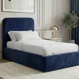 [Single | Blue] Pluva velvet ottoman bed with curved headboard bedroom with nightstands and decorative accents