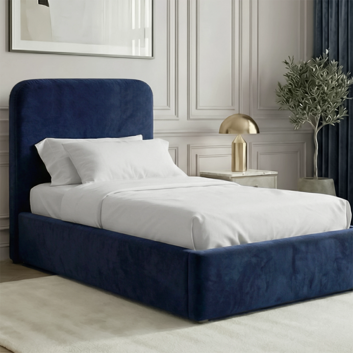 [Single | Blue] Pluva velvet ottoman bed with curved headboard bedroom with nightstands and decorative accents