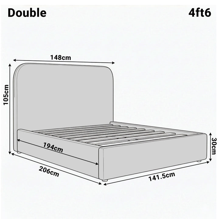 [Double | Beige] Dimension diagram for double 4ft6 Pluva bed showing 148cm width 206cm length and 105cm headboard height
