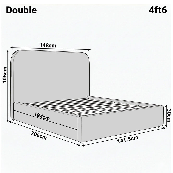 [Double | Beige] Dimension diagram for double 4ft6 Pluva bed showing 148cm width 206cm length and 105cm headboard height